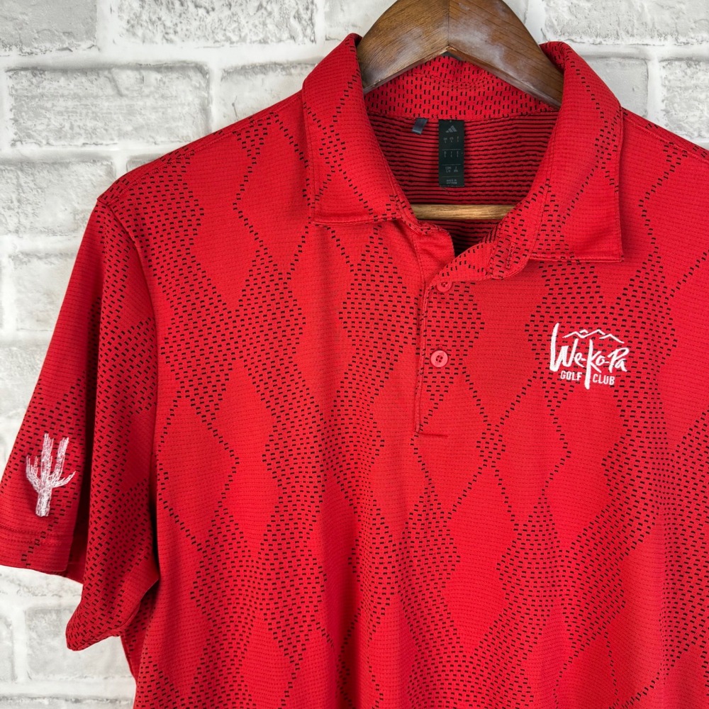 Adidas Mens Red We-Ko-Pa Golf Club Polo Shirt Large Argyle Pattern Cactus Logo